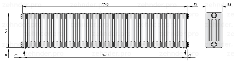 Схема (чертеж) Радиатор Zehnder Charleston 5050/38 №5310 Белый глянцевый RAL 9016